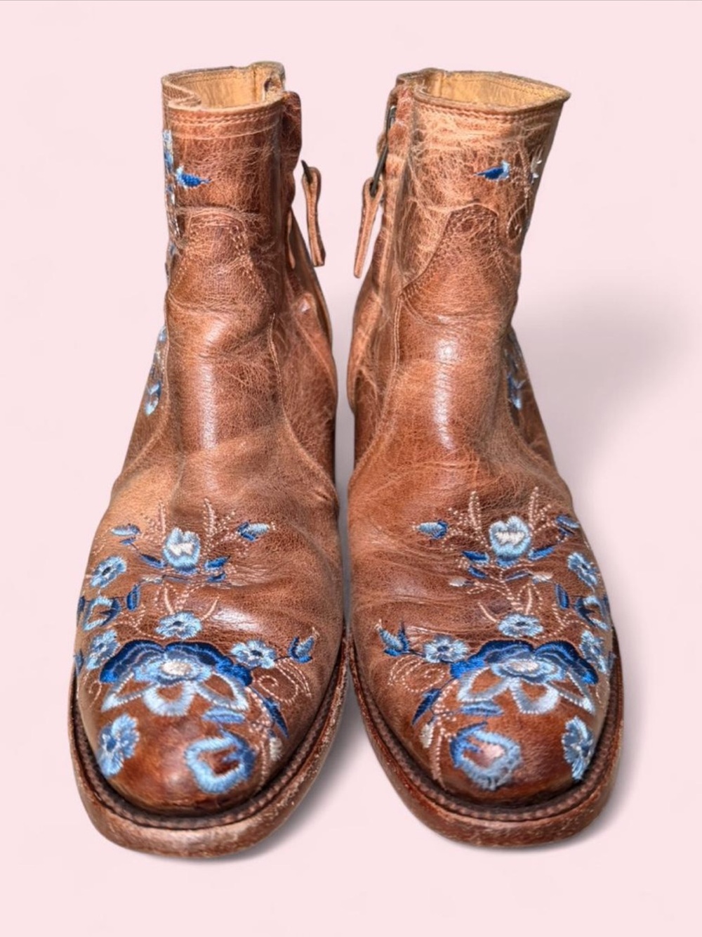 Shyanne Brown Leather Ankle Boots with Blue Floral Embroidery - Picture 4 of 8